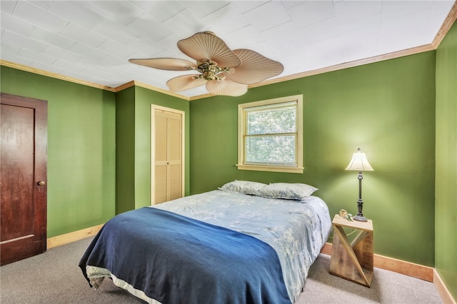 466 Whetstone Rd, Mountain Rest, SC 29664 - bedroom featuring carpet floors, ornamental molding, baseboards, a ceiling fan, and a closet