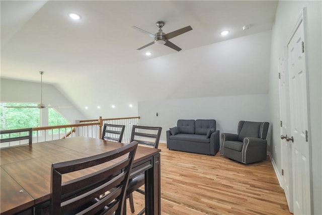 425 Lakewood Dr, Townville, SC 29689 - dining space featuring a ceiling fan, lofted ceiling, light wood-style floors, and recessed lighting