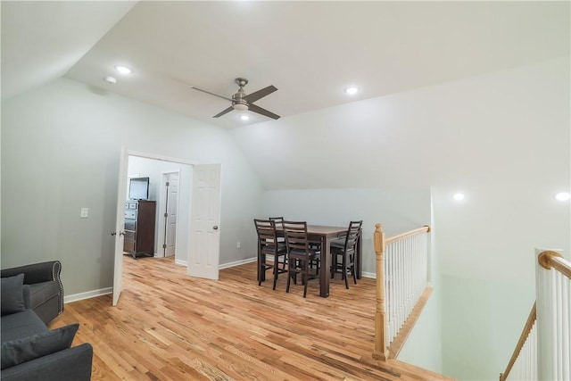 425 Lakewood Dr, Townville, SC 29689 - dining room featuring vaulted ceiling, a ceiling fan, light wood-style floors, baseboards, and recessed lighting
