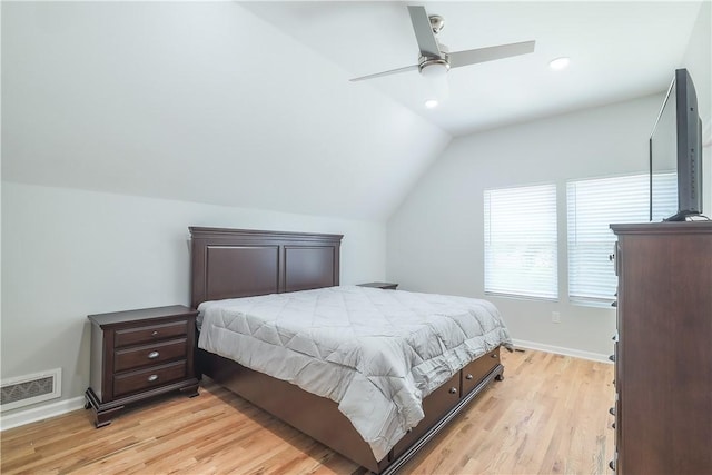 425 Lakewood Dr, Townville, SC 29689 - bedroom featuring lofted ceiling, light wood finished floors, baseboards, a ceiling fan, and recessed lighting