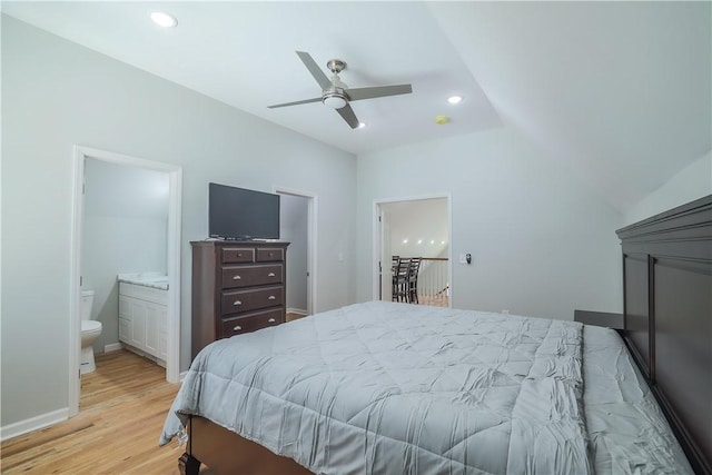 425 Lakewood Dr, Townville, SC 29689 - bedroom with light wood-type flooring, recessed lighting, connected bathroom, ceiling fan, and lofted ceiling