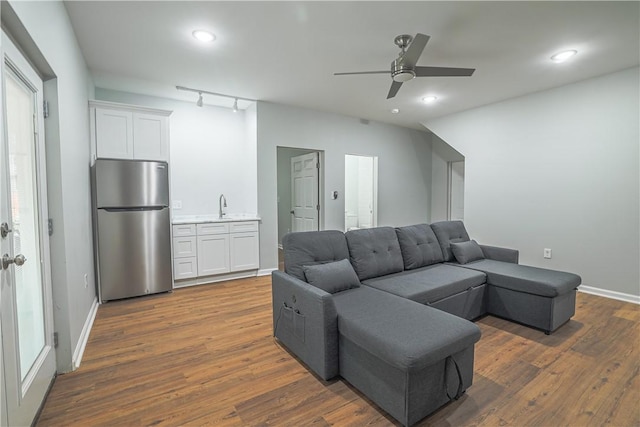425 Lakewood Dr, Townville, SC 29689 - living room featuring dark wood finished floors, a ceiling fan, baseboards, and recessed lighting