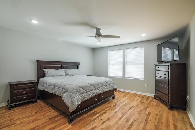 425 Lakewood Dr, Townville, SC 29689 - bedroom featuring baseboards, light wood-style floors, recessed lighting, and ceiling fan