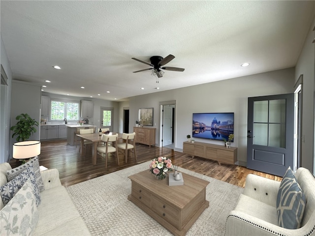 190 Jefferson Pl, Walhalla, SC 29691 - living room featuring wood finished floors, recessed lighting, ceiling fan, and a textured ceiling