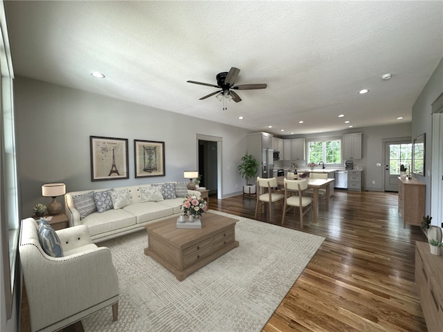 190 Jefferson Pl, Walhalla, SC 29691 - living room with a ceiling fan, dark wood-type flooring, recessed lighting, and a textured ceiling