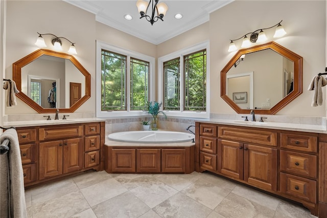 117 Misty Water Loop, Sunset, SC 29685 - bathroom with crown molding, a chandelier, two vanities, a bath, and recessed lighting