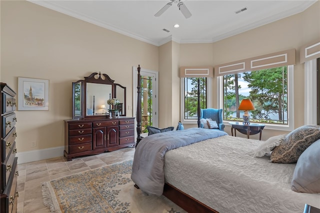 117 Misty Water Loop, Sunset, SC 29685 - bedroom with baseboards, ornamental molding, stone tile flooring, recessed lighting, and ceiling fan