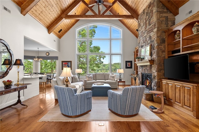 117 Misty Water Loop, Sunset, SC 29685 - living area with wooden ceiling with exposed beams, high vaulted ceiling, light wood-style flooring, plenty of natural light, and a fireplace