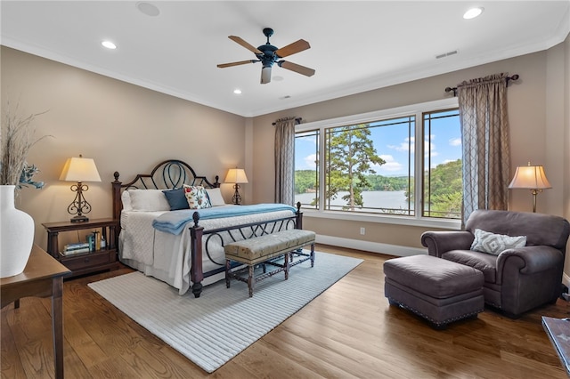 117 Misty Water Loop, Sunset, SC 29685 - bedroom with recessed lighting, wood finished floors, crown molding, baseboards, and ceiling fan