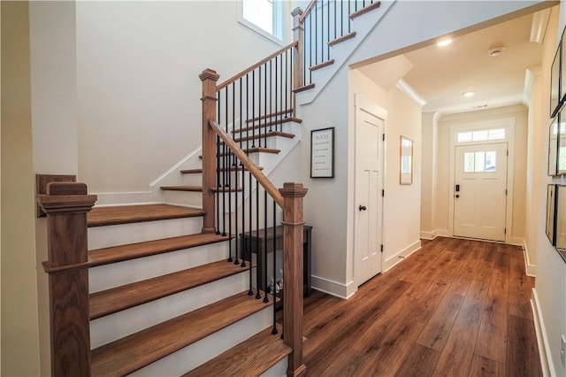 117 Founders Blvd, Central, SC 29630 - foyer entrance with stairs, dark wood-style flooring, baseboards, recessed lighting, and ornamental molding