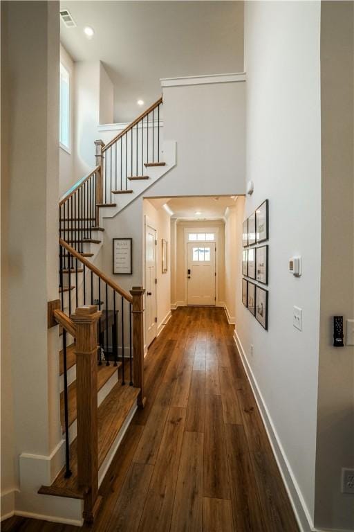 117 Founders Blvd, Central, SC 29630 - foyer entrance featuring dark wood-style floors, stairs, baseboards, a towering ceiling, and recessed lighting
