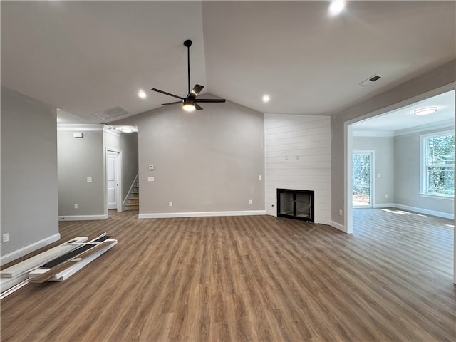 629 Mountain View Rd, Williamston, SC 29697 - unfurnished living room with baseboards, ceiling fan, wood finished floors, ornamental molding, and stairs