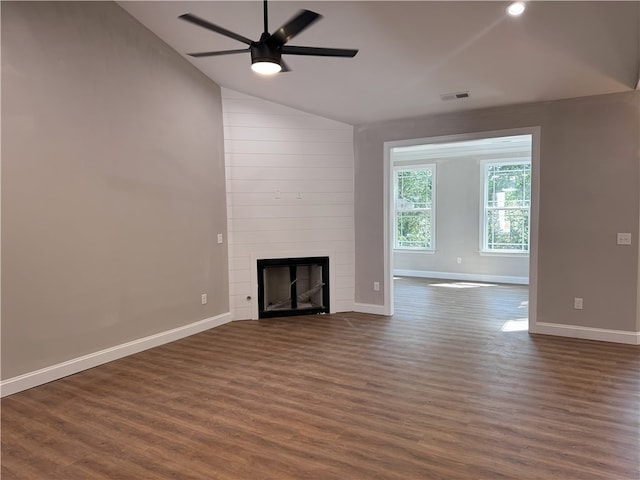 629 Mountain View Rd, Williamston, SC 29697 - unfurnished living room with lofted ceiling, ceiling fan, dark wood-type flooring, a fireplace, and recessed lighting