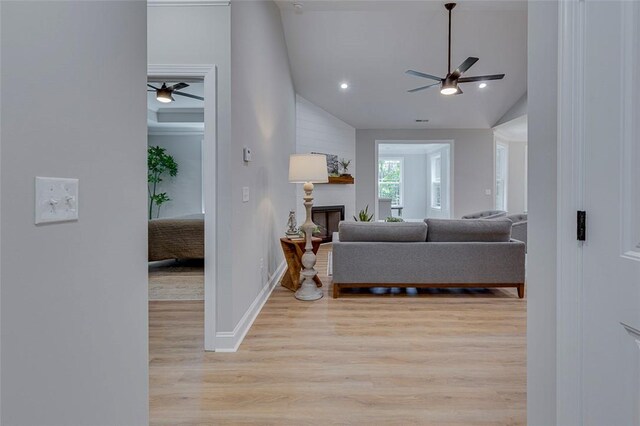 629 Mountain View Rd, Williamston, SC 29697 - living room featuring ceiling fan, lofted ceiling, light wood-style flooring, a fireplace, and recessed lighting