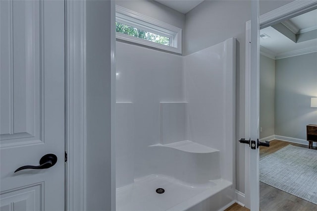 629 Mountain View Rd, Williamston, SC 29697 - bathroom with a shower, wood finished floors, and ornamental molding