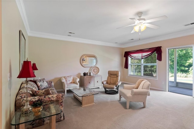704 Nottingham Ct, Seneca, SC 29672 - living room featuring ornamental molding, carpet flooring, and ceiling fan