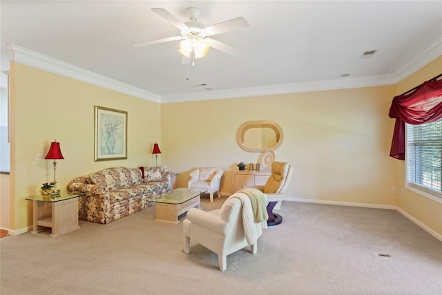 704 Nottingham Ct, Seneca, SC 29672 - carpeted living area with crown molding and a ceiling fan