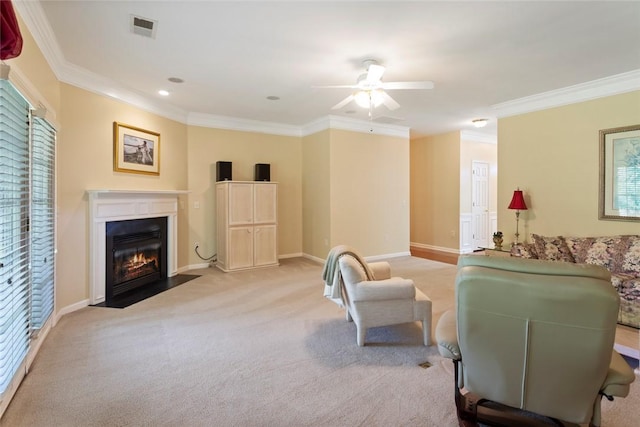 704 Nottingham Ct, Seneca, SC 29672 - living room featuring a ceiling fan, ornamental molding, carpet, a fireplace with flush hearth, and recessed lighting