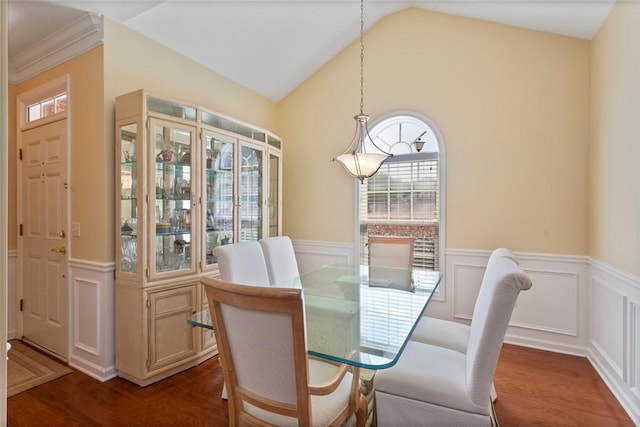 704 Nottingham Ct, Seneca, SC 29672 - dining room featuring dark wood-style floors, wainscoting, a decorative wall, and vaulted ceiling