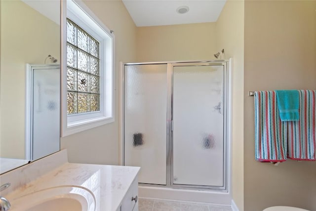 704 Nottingham Ct, Seneca, SC 29672 - bathroom featuring vanity, a stall shower, and tile patterned floors
