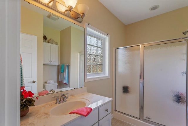 704 Nottingham Ct, Seneca, SC 29672 - bathroom with vanity, a stall shower, and tile patterned flooring