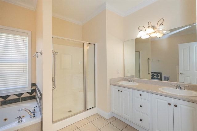 207 W Green Chase, Anderson, SC 29621 - full bath with a stall shower, crown molding, double vanity, a whirlpool tub, and tile patterned flooring