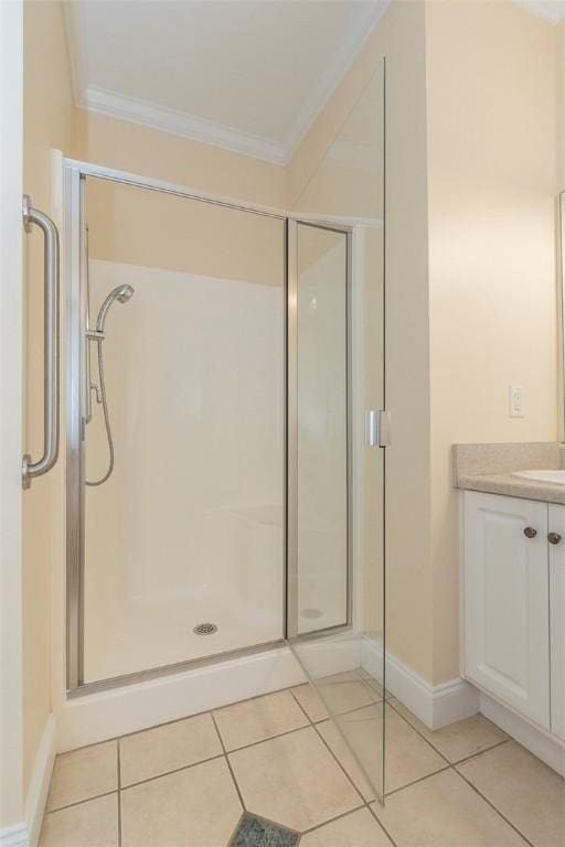 207 W Green Chase, Anderson, SC 29621 - bathroom featuring crown molding, a stall shower, vanity, and tile patterned floors