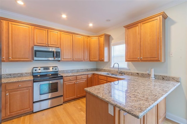 207 W Green Chase, Anderson, SC 29621 - kitchen featuring appliances with stainless steel finishes, a sink, a peninsula, light wood finished floors, and light stone counters
