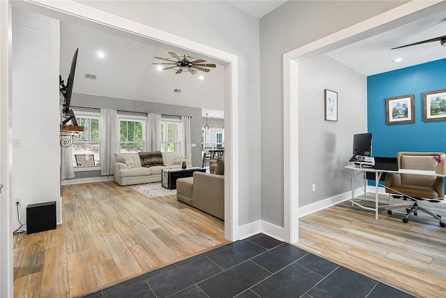 100 Grandview Dr, Anderson, SC 29625 - home office with ceiling fan, wood finished floors, and baseboards