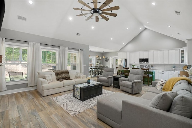 100 Grandview Dr, Anderson, SC 29625 - living room featuring high vaulted ceiling, a ceiling fan, light wood-style floors, and recessed lighting
