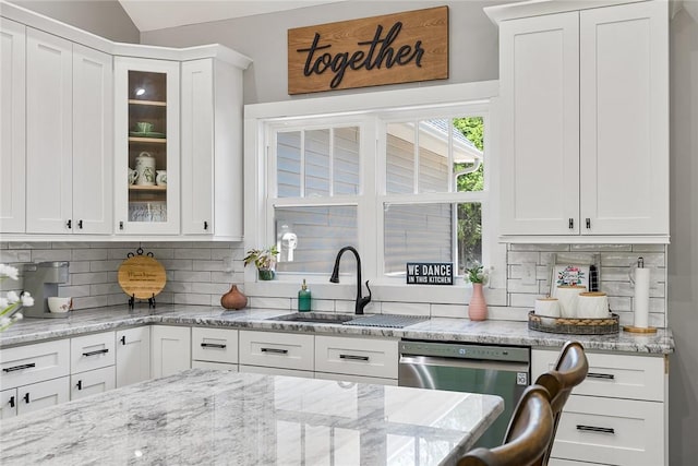 100 Grandview Dr, Anderson, SC 29625 - kitchen featuring a sink, stainless steel dishwasher, decorative backsplash, white cabinetry, and glass insert cabinets
