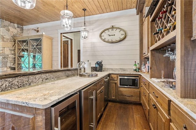 194 Cool Water Way, Sunset, SC 29685 - indoor bar with stainless steel appliances, wine cooler, wooden ceiling, dark wood-style flooring, and wood walls