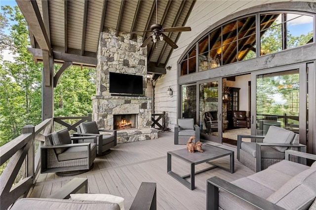 194 Cool Water Way, Sunset, SC 29685 - wooden terrace with a ceiling fan and an outdoor living space with a fireplace
