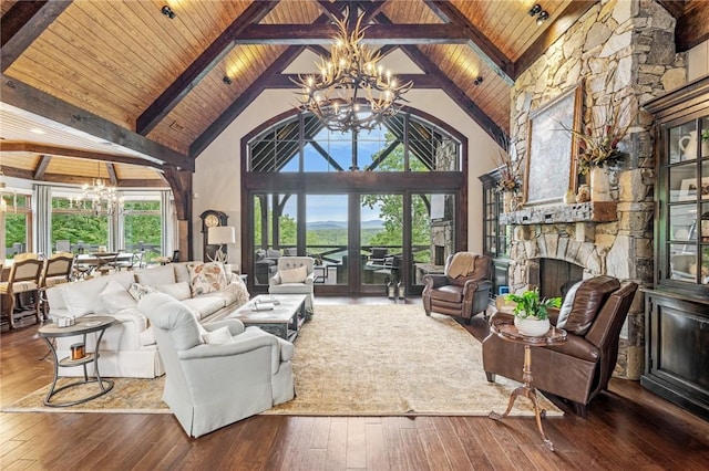 194 Cool Water Way, Sunset, SC 29685 - living area featuring a chandelier, wooden ceiling with exposed beams, hardwood / wood-style flooring, high vaulted ceiling, and a fireplace