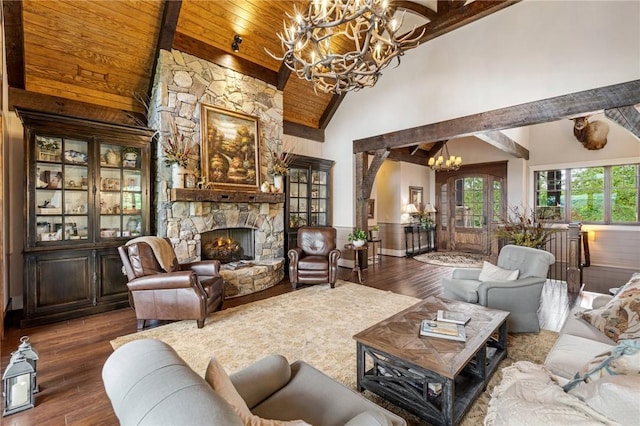 194 Cool Water Way, Sunset, SC 29685 - living room featuring a chandelier, hardwood / wood-style floors, high vaulted ceiling, wood ceiling with exposed beams, and a fireplace