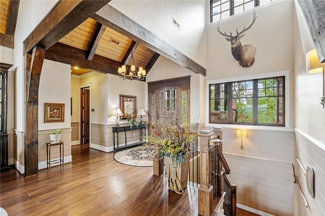 194 Cool Water Way, Sunset, SC 29685 - dining space with plenty of natural light, wood-type flooring, high vaulted ceiling, a chandelier, and a wainscoted wall