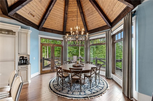 194 Cool Water Way, Sunset, SC 29685 - dining room with wooden ceiling with exposed beams, a chandelier, light wood-style flooring, baseboards, and high vaulted ceiling