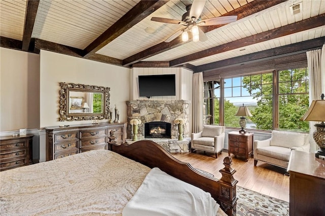194 Cool Water Way, Sunset, SC 29685 - bedroom with wood-type flooring, a fireplace, wooden ceiling with exposed beams, and ceiling fan