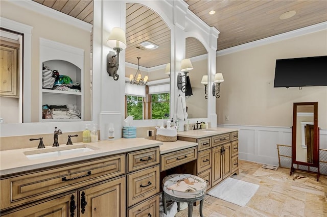 194 Cool Water Way, Sunset, SC 29685 - bathroom featuring wood ceiling, double vanity, wainscoting, ornamental molding, and stone tile floors