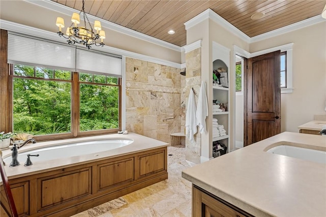 194 Cool Water Way, Sunset, SC 29685 - bathroom with wood ceiling, a bath, vanity, a tile shower, and a chandelier