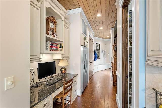 194 Cool Water Way, Sunset, SC 29685 - corridor with ornamental molding, a desk, wooden ceiling, dark wood finished floors, and recessed lighting