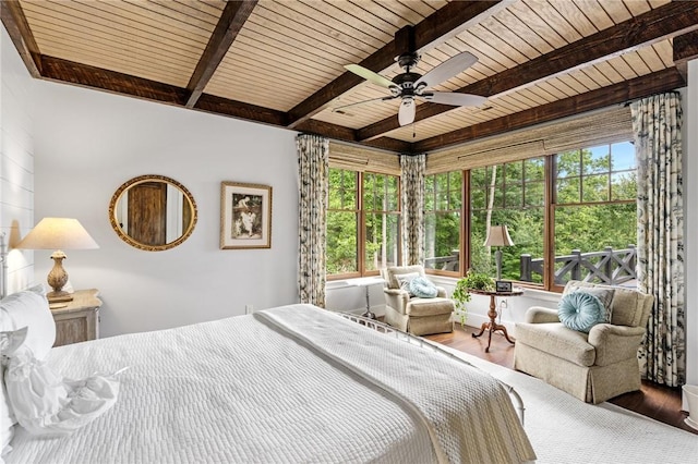 194 Cool Water Way, Sunset, SC 29685 - bedroom with wood ceiling with exposed beams, multiple windows, wood finished floors, and a ceiling fan