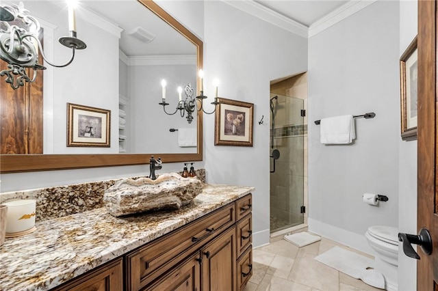 194 Cool Water Way, Sunset, SC 29685 - full bath featuring vanity, a shower stall, toilet, crown molding, and tile patterned floors