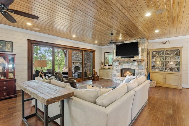 194 Cool Water Way, Sunset, SC 29685 - living area with ceiling fan, wood ceiling, a stone fireplace, hardwood / wood-style floors, and recessed lighting