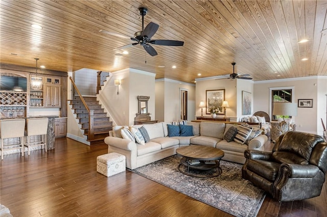 194 Cool Water Way, Sunset, SC 29685 - living area featuring a ceiling fan, crown molding, wooden ceiling, dark wood finished floors, and stairs
