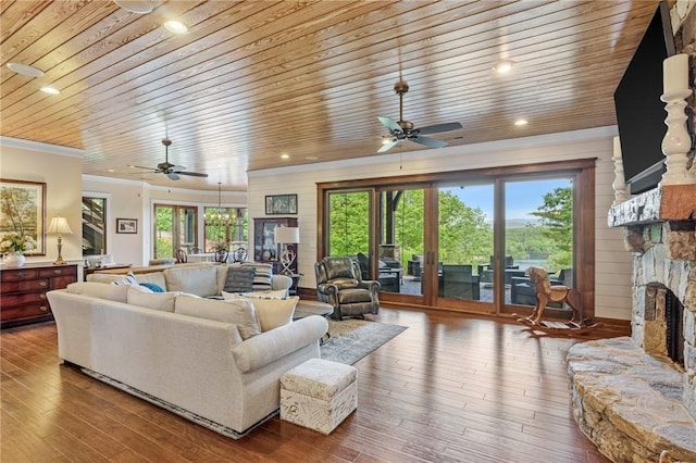 194 Cool Water Way, Sunset, SC 29685 - living area featuring a ceiling fan, a stone fireplace, healthy amount of natural light, wooden ceiling, and wood-type flooring