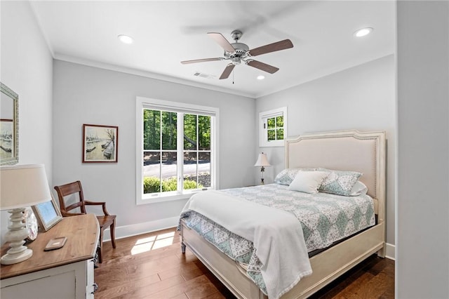 251 Settlement Blvd, Sunset, SC 29685 - bedroom with baseboards, ornamental molding, dark wood finished floors, recessed lighting, and ceiling fan