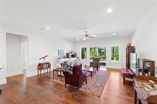 251 Settlement Blvd, Sunset, SC 29685 - living room with a ceiling fan, recessed lighting, baseboards, ornamental molding, and wood finished floors
