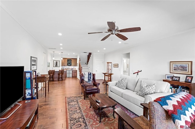 251 Settlement Blvd, Sunset, SC 29685 - living area with stairway, wood finished floors, ceiling fan, and recessed lighting