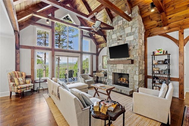 251 Settlement Blvd, Sunset, SC 29685 - living room featuring wood ceiling with exposed beams, hardwood / wood-style floors, a stone fireplace, ceiling fan, and high vaulted ceiling